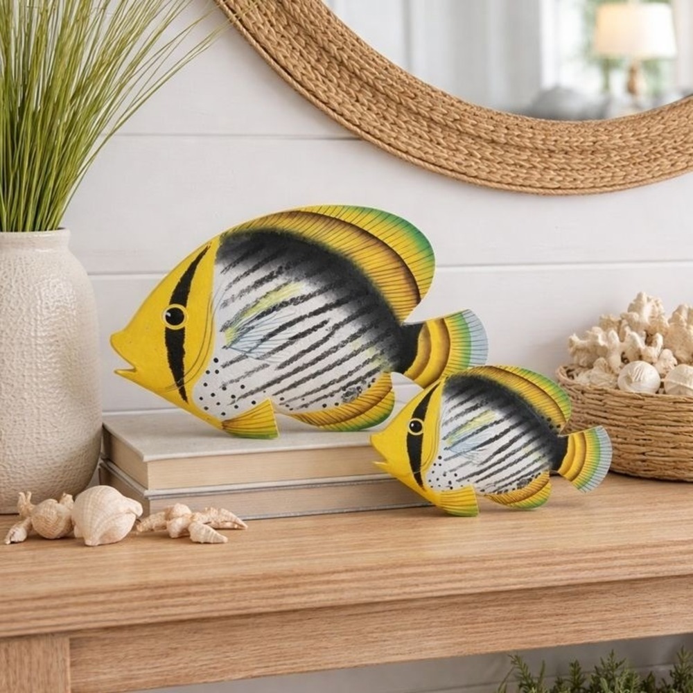 Hand-Painted (2) Wooden Tropical Fish Figurines – Coastal Beach Tabletop Decor